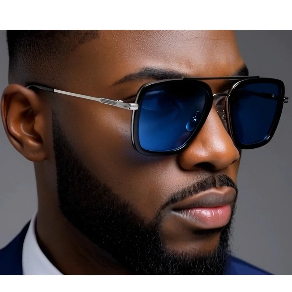 Square Sunglasses Blue Lens Silver Frame Mens Fashion Sun Glasses Classic Lentes